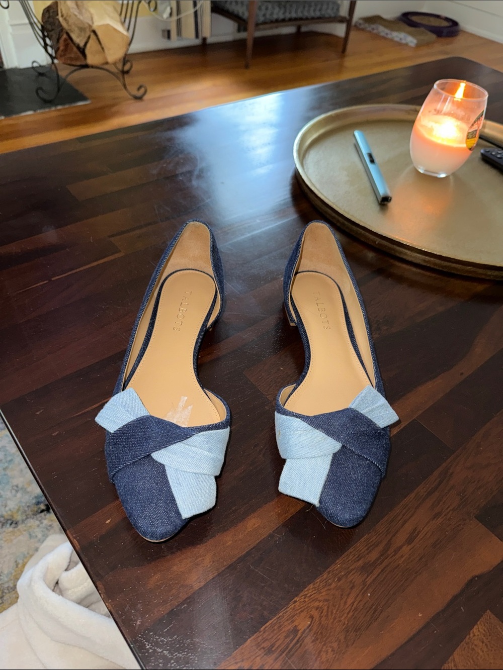 Talbots Two-Tone Denim Knot D'Orsay Flats in Navy and Light Blue